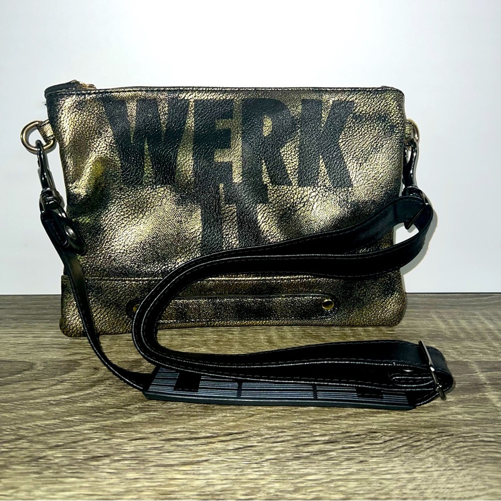 Olivia Miller Werk It Handbag Crossbody Gold Tone Black Strap